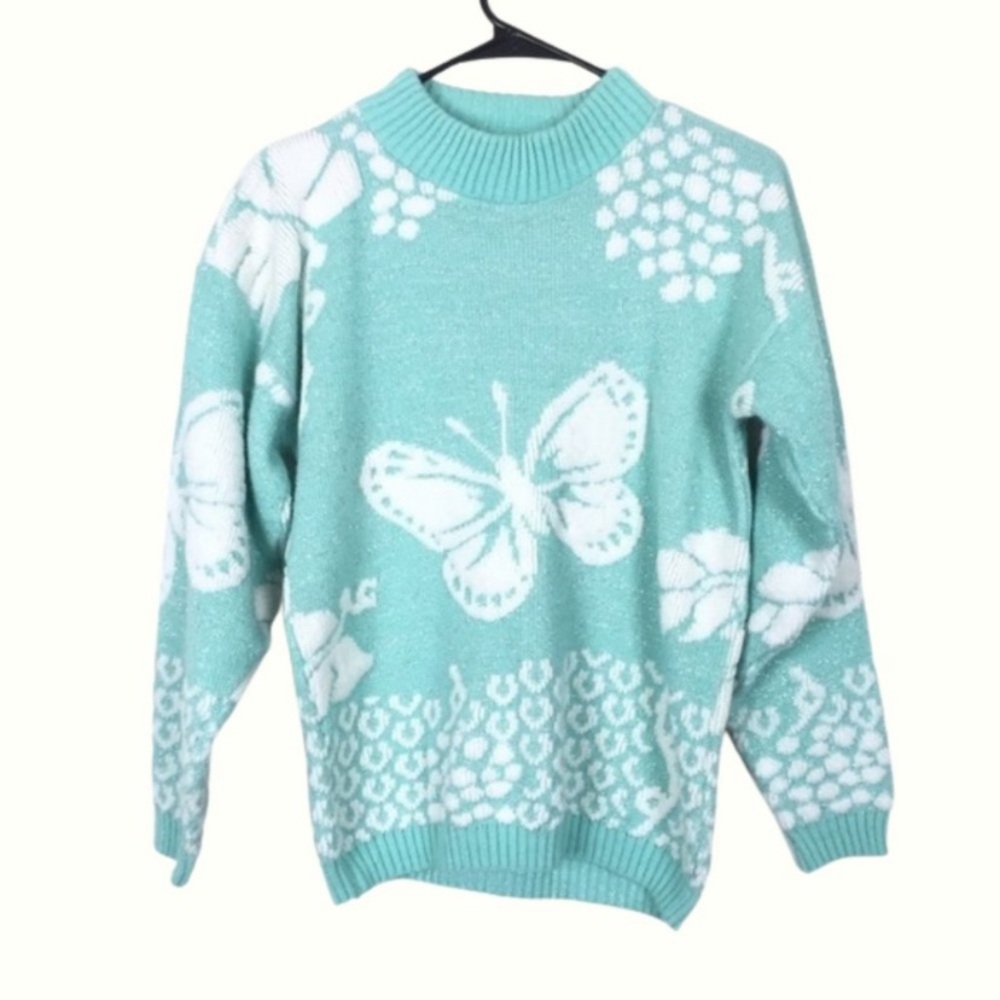 Vintage glamour knit mock neck butterfly all over print sweater novelty